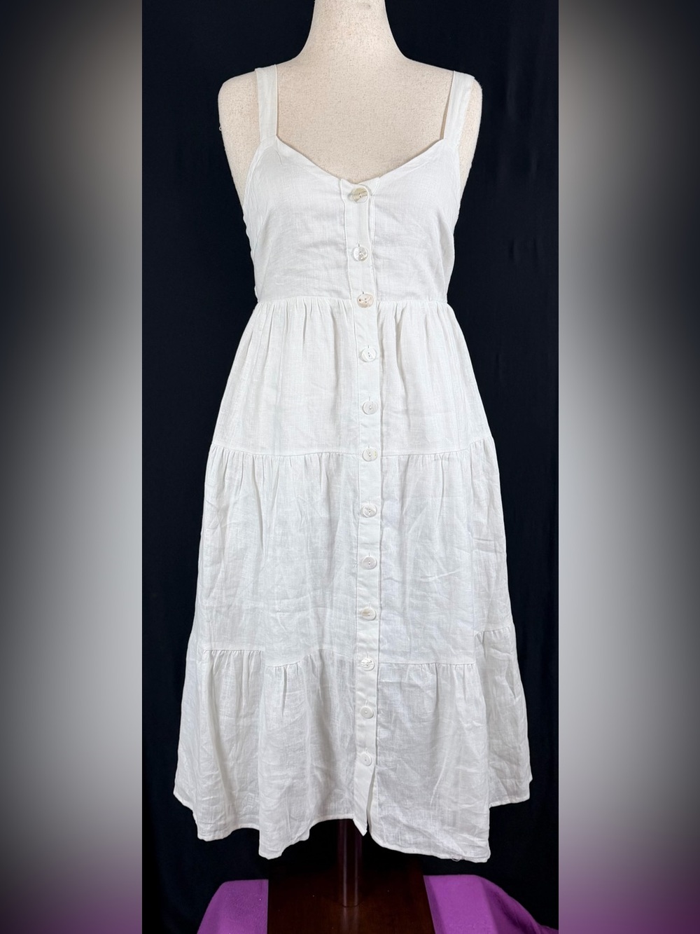 Olivaceous Dress White Linen Button-Front Tiered Midi L Smocked Back Coastal